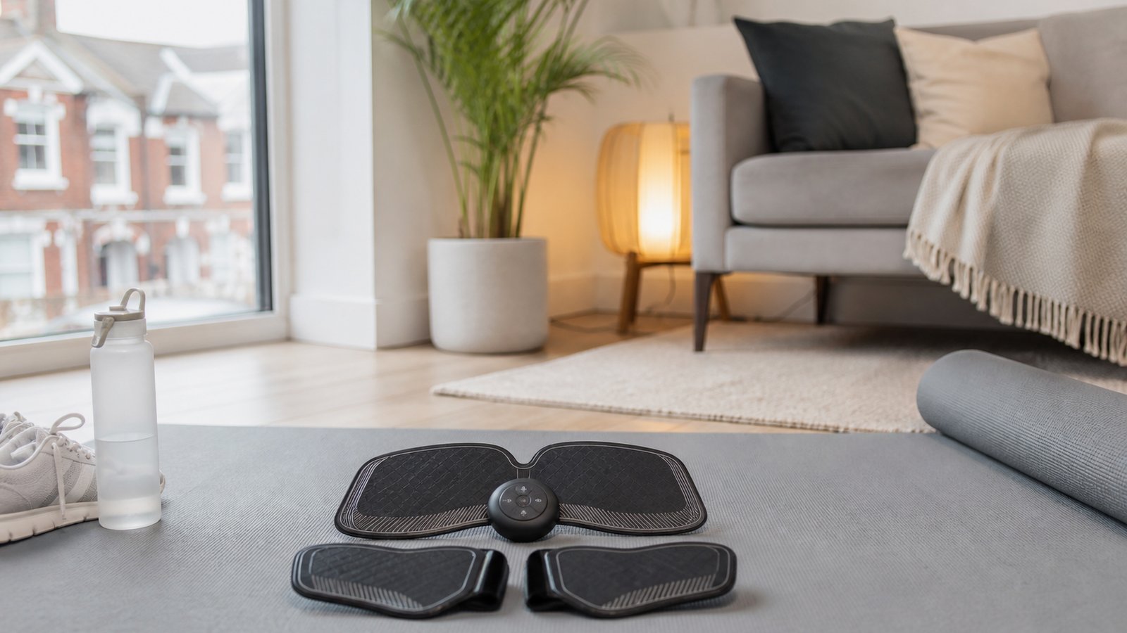 Wireless EMS toning trainer resting on a yoga mat