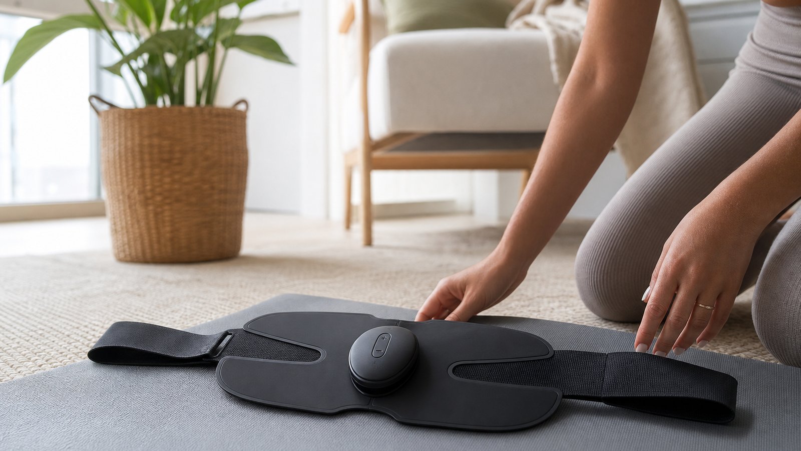 Wireless EMS toning trainer resting on a yoga mat