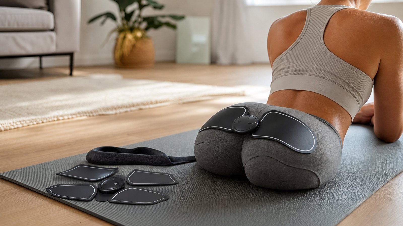Wireless EMS toning trainer resting on a yoga mat